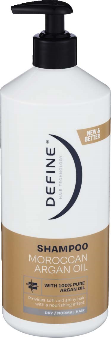 A white shampoo bottle with a pump, labeled Define Moroccan Argan Oil, good for dry or normal hair.