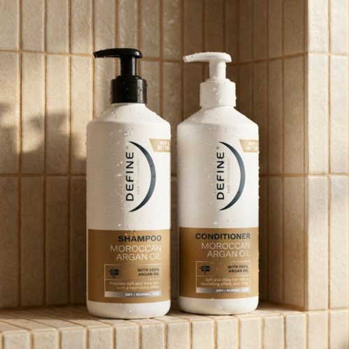 Two white bottles labeled shampoo and conditioner with Moroccan argan oil stand on tiled surface.
