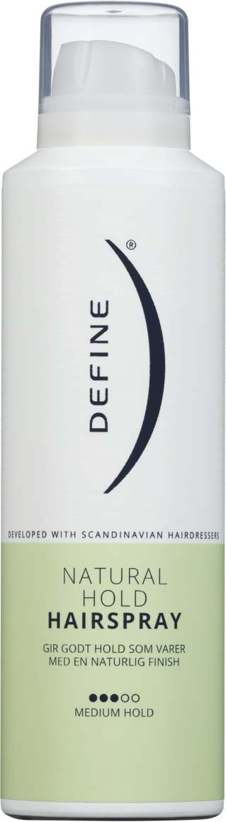 A white bottle with a cap, labeled Define Natural Hold Hairspray, medium hold, Scandinavian haircare.