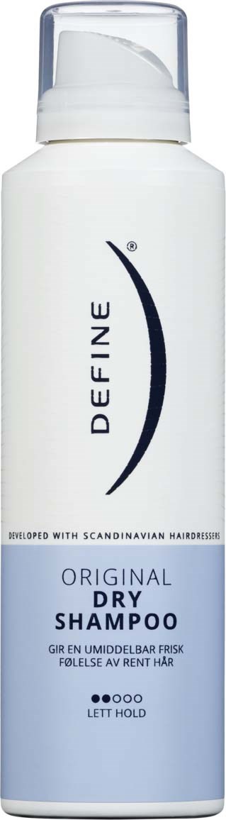 A white bottle of dry shampoo with a white cap and blue label, called Define Original Dry Shampoo.