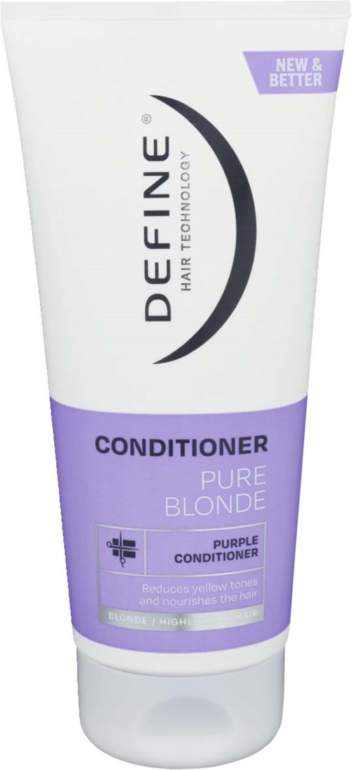 White and purple tube of conditioner labeled for blonde hair, reducing yellow tones and nourishing hair.