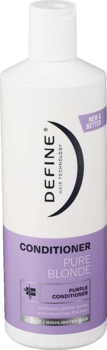 White bottle of Defin hair conditioner for blond hair with purple label and cap.