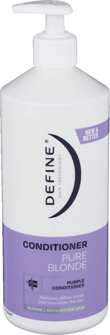 A white and purple bottle of blonde hair conditioner with a pump top, labeled as Definition Pure Blonde.
