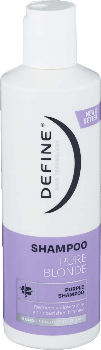 A white bottle with a purple label for shampoo that reduces yellow tones and nourishes hair.