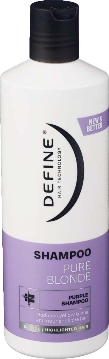 A white bottle with black cap labeled Define Hair Technology shampoo for blonde hair with purple accents and text.