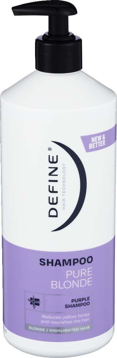 A white and purple shampoo bottle labeled Define Pure Blonde with a pump dispenser.