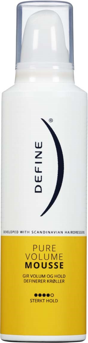 A white bottle with a clear cap and yellow label, named Define Pure Volume Mousse for hair styling.
