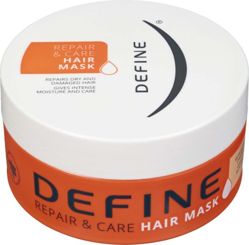 A round container of Defince Repair & Care Hair Mask with orange and white colors for damaged hair.