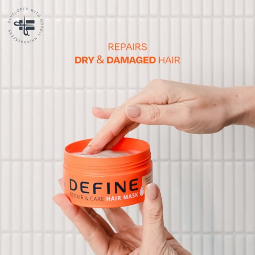 Hands open a jar of Define hair mask for dry and damaged hair.