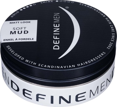 A black round jar labeled Define Men, with a white stripe and text about scalp and hair care.