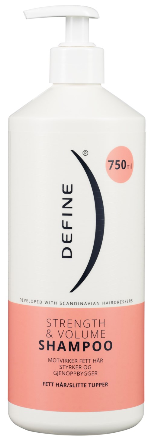 A white shampoo bottle with a pump, labeled 'DEFINE' and 'Strength & Volume.' It highlights 750 and extra hair care effects.