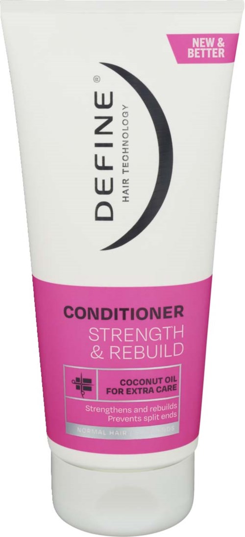 A white and pink bottle of hair conditioner for strength, rebuilds, and split end prevention with coconut oil.