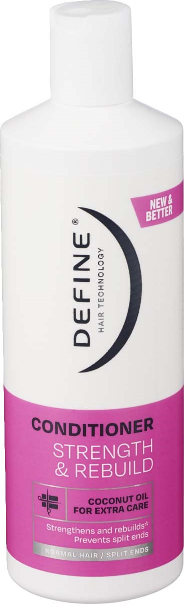 A white bottle of Defince hair conditioner with pink label for strength and rebuild, containing coconut oil.