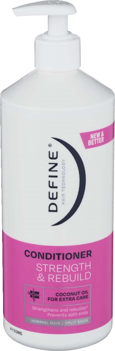 A white bottle with a pump, pink label says Define conditioner, coconut oil, for hair strengthening.