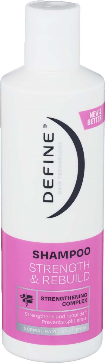 A white bottle of shampoo labeled Defin, with pink and black text for strength and rebuild care.