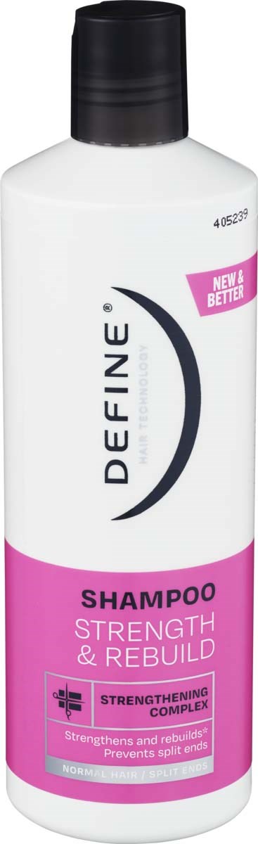 A white shampoo bottle with a black cap, pink label stating Strength & Rebuild, and a strengthening complex.