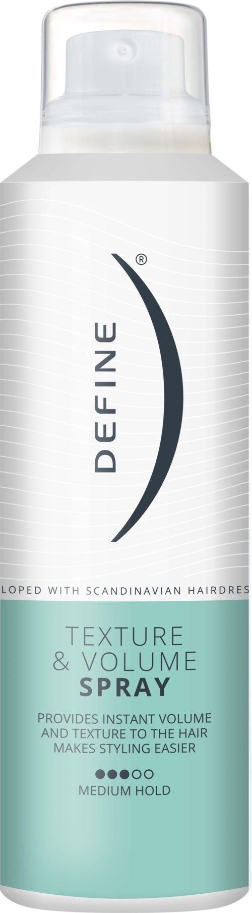 Eine weiße und grüne Flasche mit der Aufschrift 'Define' für Haarstyling, bietet Textur, Volumen und mittleren Halt.