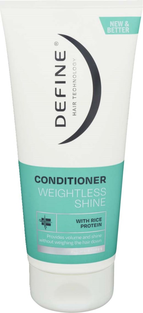 A white tube of hair conditioner with light blue label, marked as weightless shine with rice protein, for volume and shine.