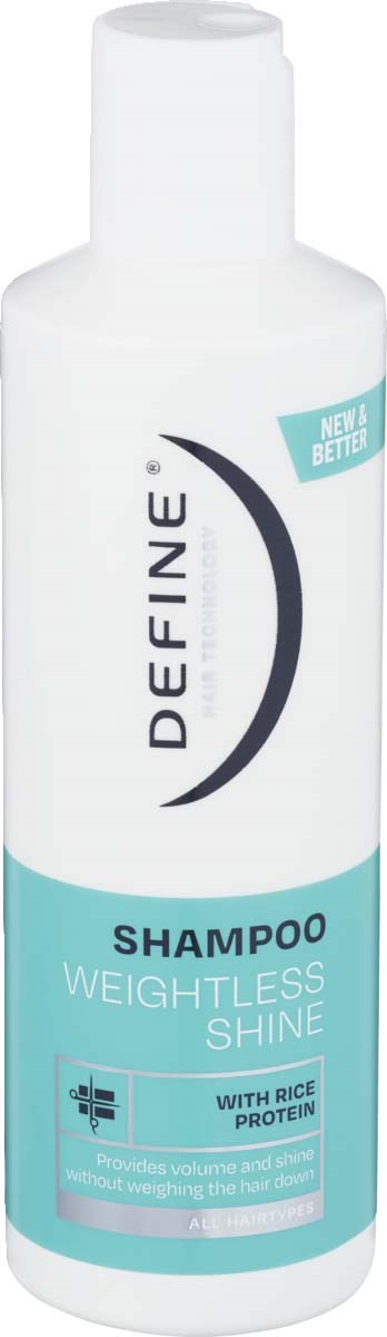 A white bottle of Define shampoo for weightless shine with rice protein, designed for easy hair washing.