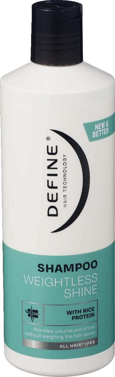 Shampoo-Flasche mit weißem und türkisfarbenem Etikett, fördert schwerelosen Glanz und Reisprotein für alle Haartypen.
