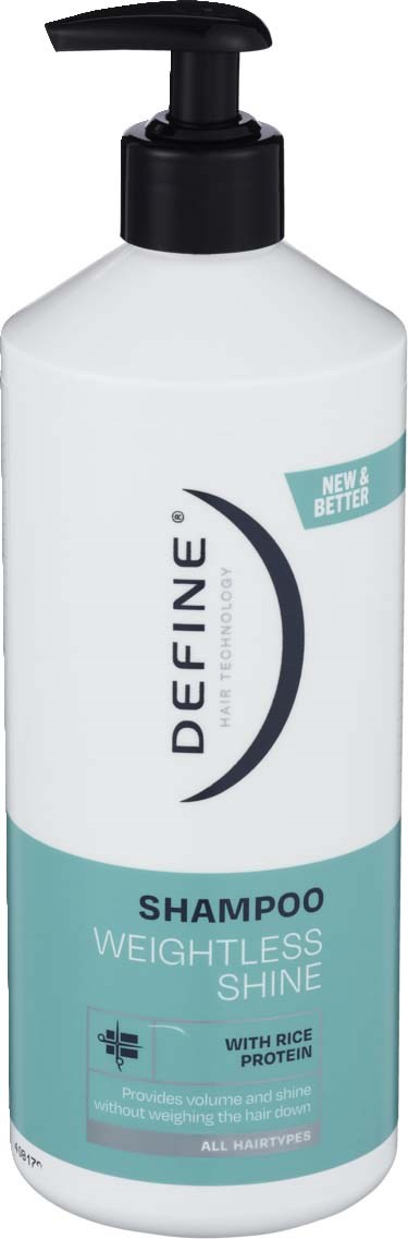 A bottle of Define shampoo for weightless shine with rice protein and a pump top.