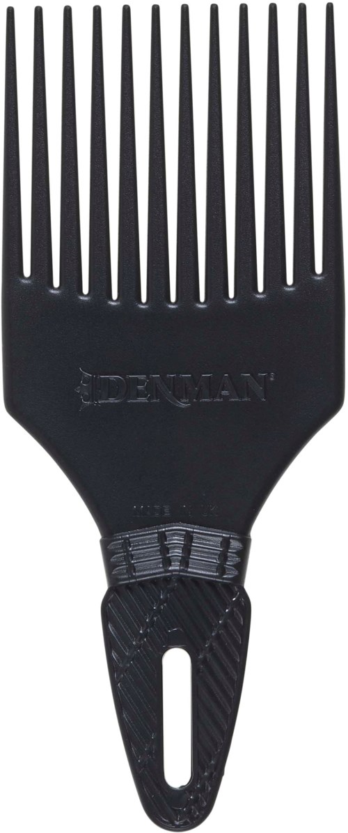 Eine schwarze Haarbürste mit langen, breiten Zinken und einem Griff. Der Markenname 'Denman' ist auf dem Griff.