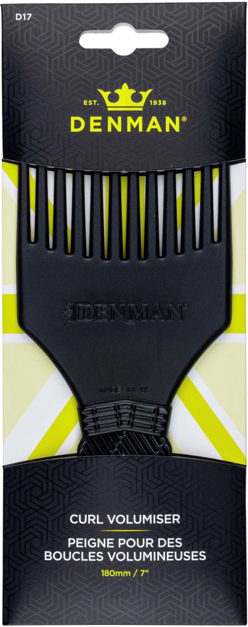 Ein schwarzer Kamm mit gelben und schwarzen Zähnen und dem Wort 'DENMAN' auf, auf schwarzer und gelber Verpackung.