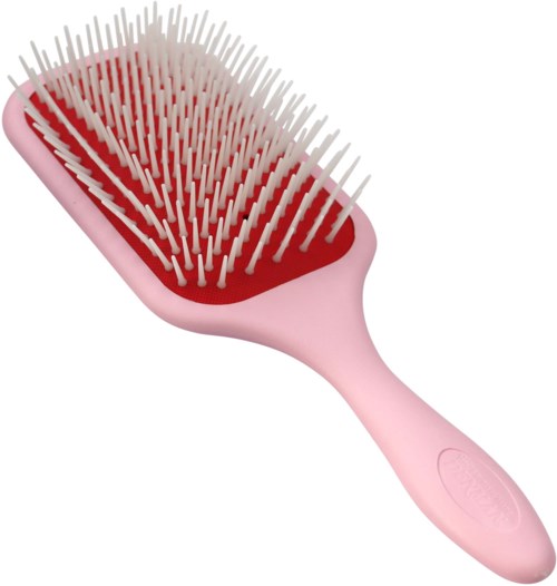 Eine rosa Haarbürste mit vielen weißen Borsten, einige sind lang und spitz, andere kürzer. Die Bürste ist oval.
