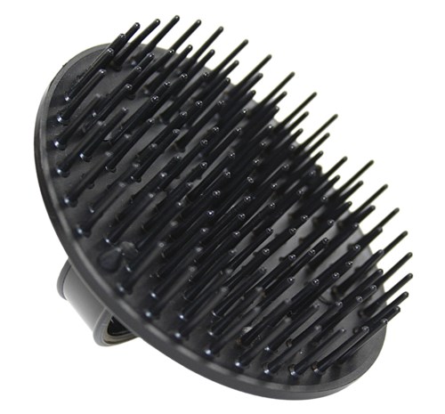 Eine schwarze Reinigungsbürste mit kleinen Borsten, oval geformt, verwendet für Haar- oder Tierpflege.