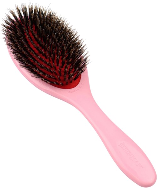 Eine rosa Haarbürste mit schwarzen und roten Borsten, rund geformt.