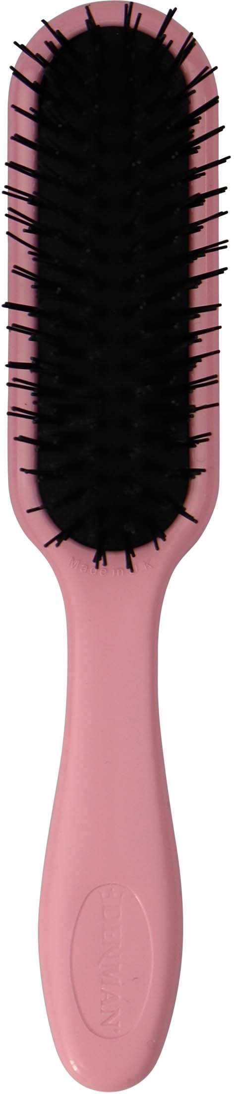 Eine rosa Haarbürste mit schwarzen Borsten und Griff, zum Kämmen der Haare.