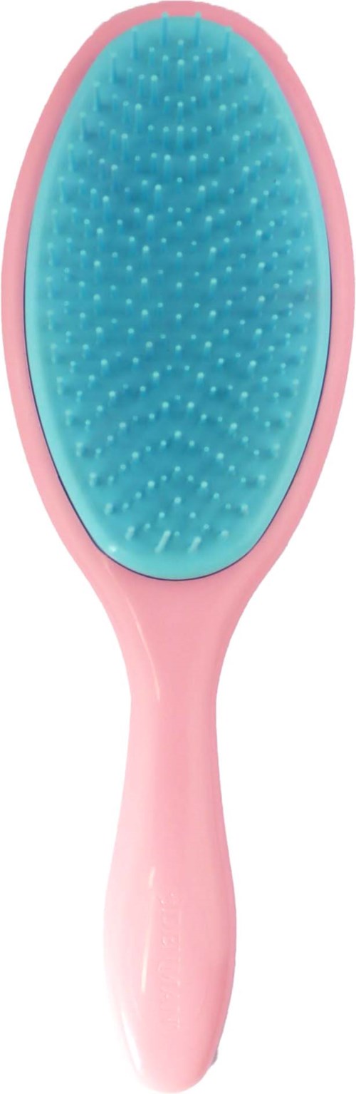 Eine rosa und blaue Haarbürste mit Griff und kleinen Borsten.