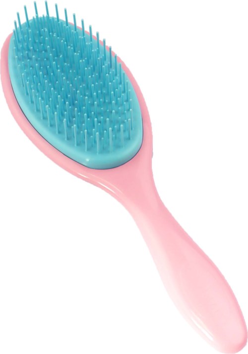 Eine rosa und blaue Haarbürste mit vielen Borsten zum Stylen der Haare.