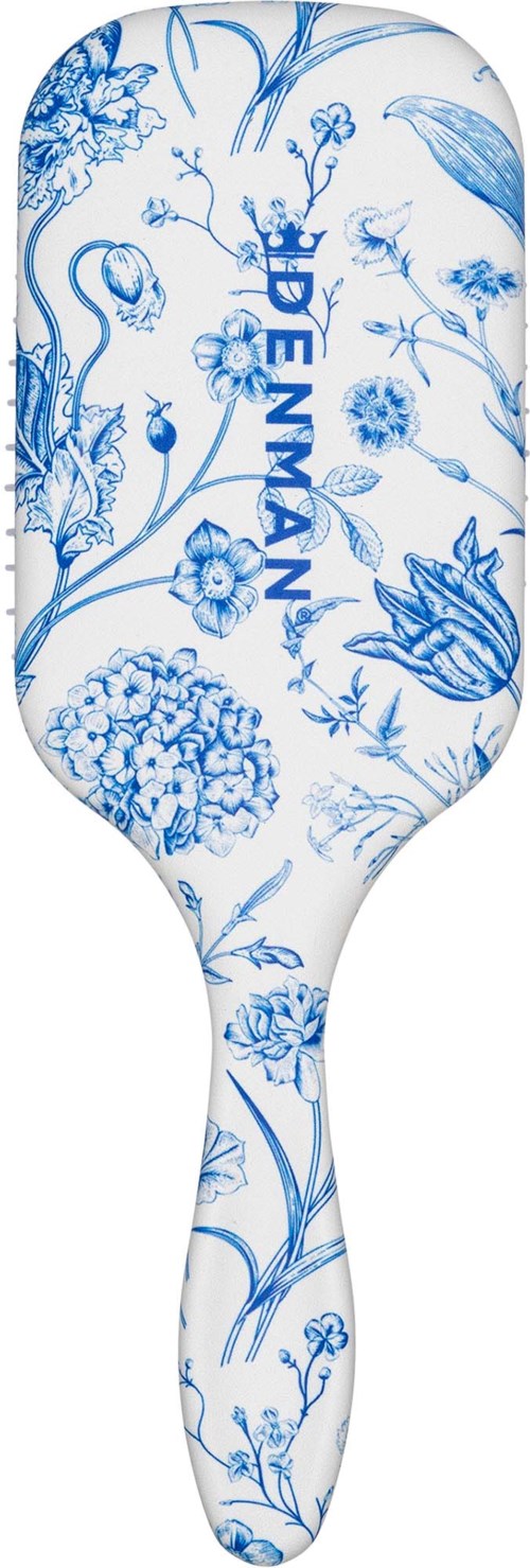 Ein weißer Schläger mit blauen Blumenmustern und dem Wort DEVMAN in Blau. Der Schläger ist lang und gebogen.