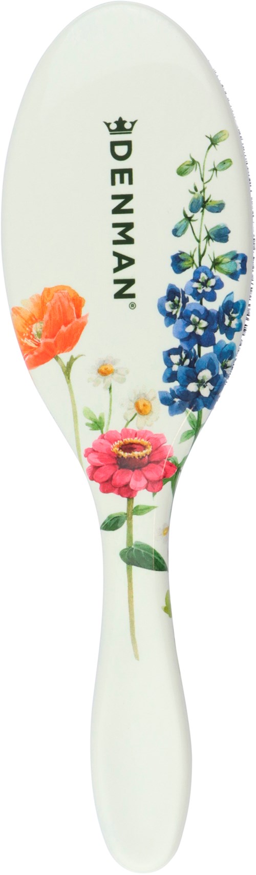 Eine weiße Haarbürste mit bunten Blumen und einer Krone, und dem Markennamen 'DENMAN'.