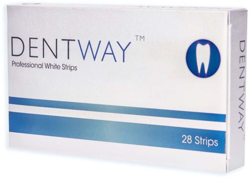 Eine Schachtel mit DENTWAY kosmetic Klebepads komplett mit 28 Strips. Einfaches Design in Weiß und Blau.