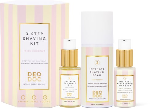 Dreistufiges Rasurset mit Kokosduft, inklusive Pre-Shave-Öl, Rasier-Schaum und Aftershave-Wachswal.