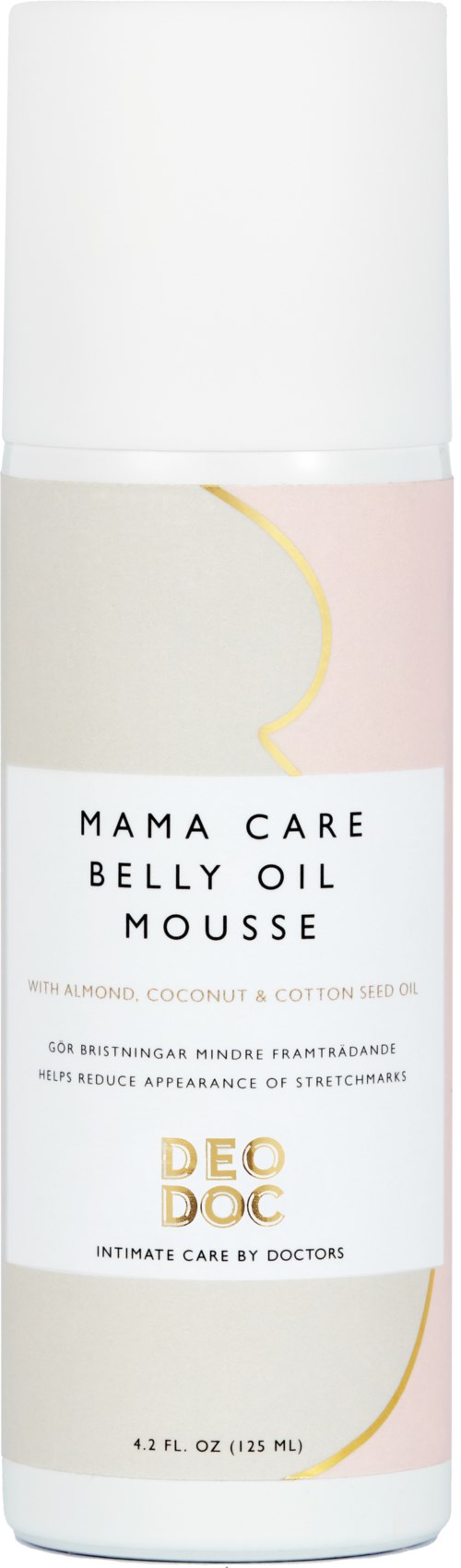 A cylindrical bottle labeled 'Mama Care Belly Oil Mousse' with a white and light pink design. It is a skin product.