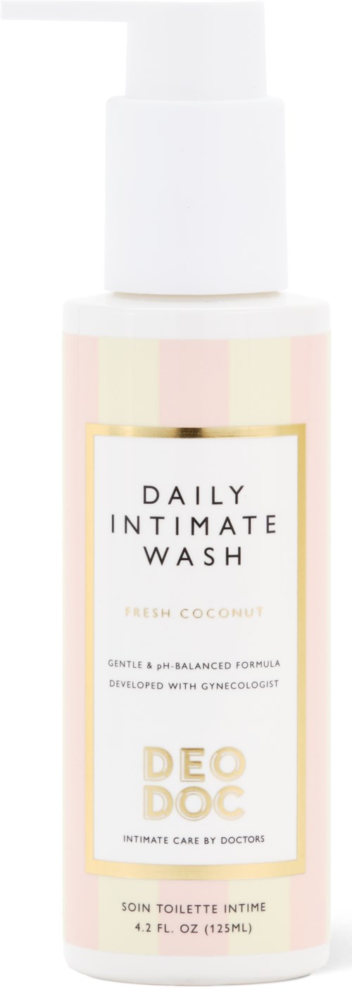 Eine weiße Flasche mit Pumpe enthält Daily Intimate Wash mit rosa-gelbem Streifenmuster und goldener Schrift.