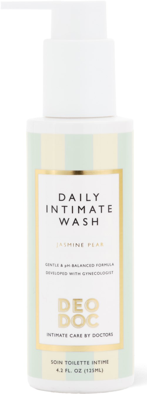 Eine weiße Flasche mit Pumpaufsatz mit der Aufschrift 'Daily Intimate Wash' mit Jasminduft und sanfter Formel.