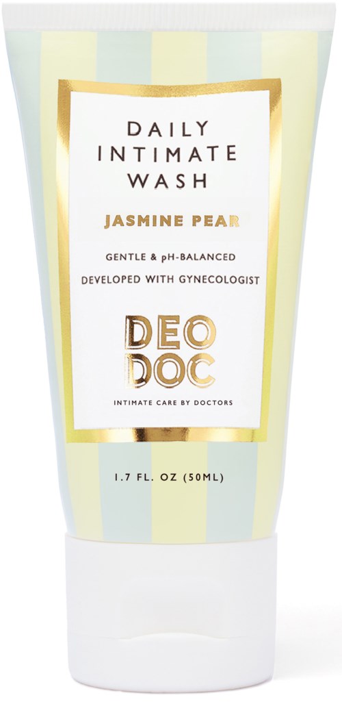 Eine Tube mit dem Label Daily Intimate Wash, Jasmin-Pearl-Duft, sanft, pH-neutral, für Hygiene, mit Deodorant Care von Ärzten.
