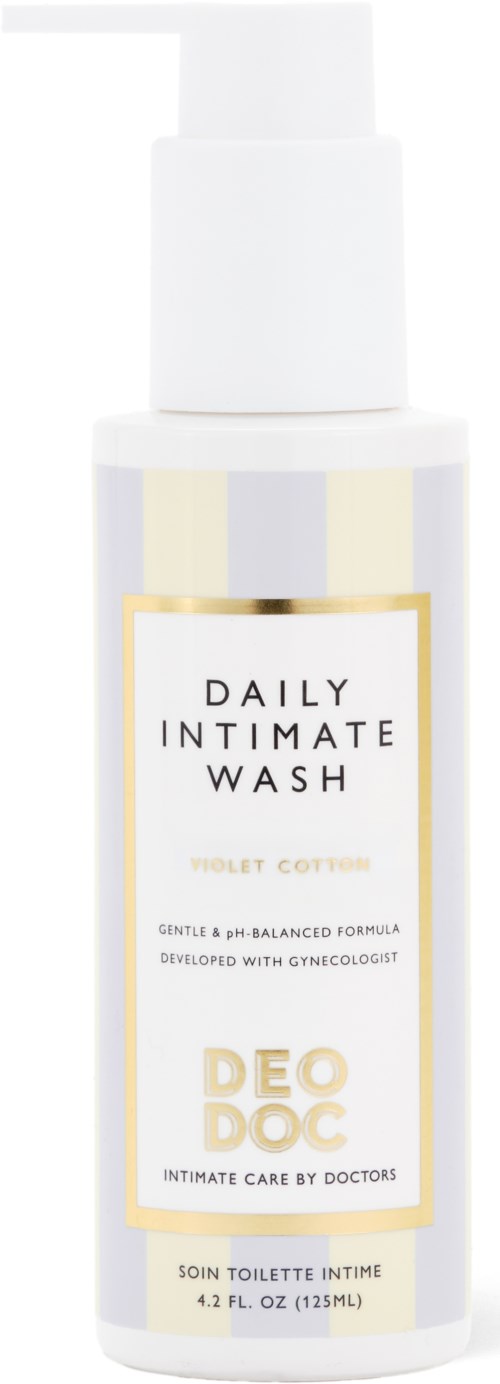 Eine weiße Flasche mit Pumpspender, beschriftet 'Daily Intimate Wash' von DeoDoc, für sanitäre Pflege.