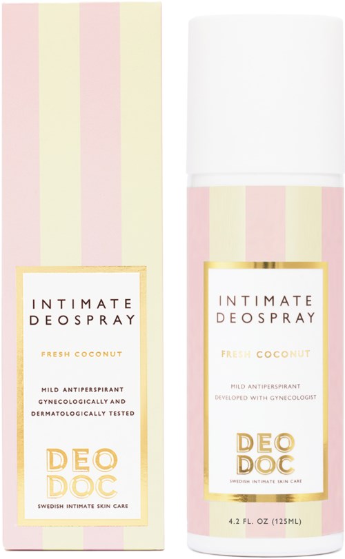 En deodorantsprayflaska och låda med rosa och gröna ränder och gulddetaljer, märkt 'Intimate Deospray' och 'Fresh Coconut'.