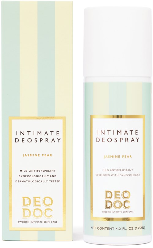 En deodorantsprayflaska och låda märkta 'Intimate Deospray' med jasmin doft, mild för känslig hud, utvecklad med gynekologer.