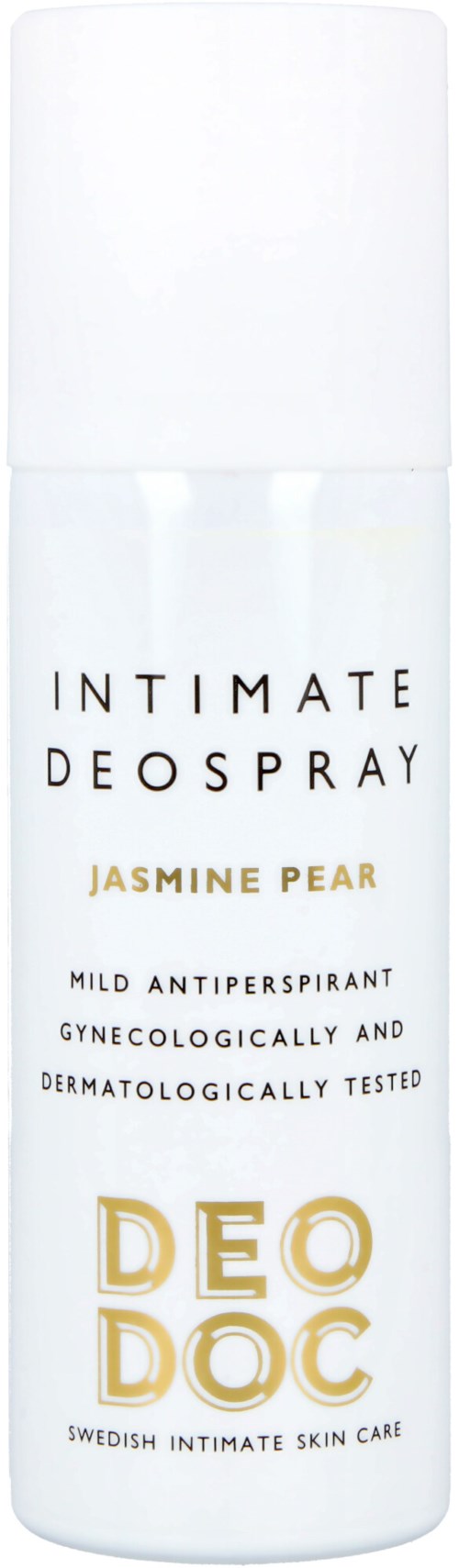 En vit behållare för intim deodorantspray med doft av jasminpäron, mild, testad för hud, från DEODOC.