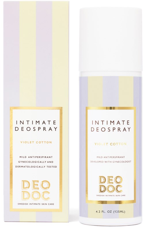 En deodorant spray i en hvit flaske med lilla og gule vertikale striper på emballasjen.