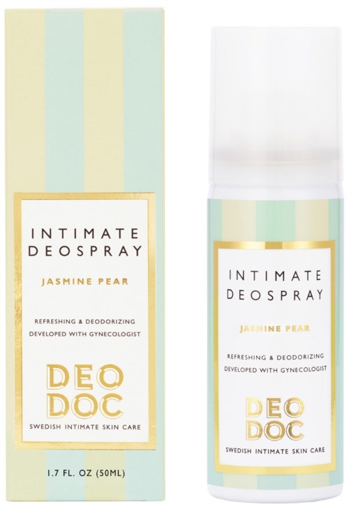 En deodorantsprayflaske og dens eske, begge med pastellstriper og gulldetaljer, merket 'Jasmine Pear'.