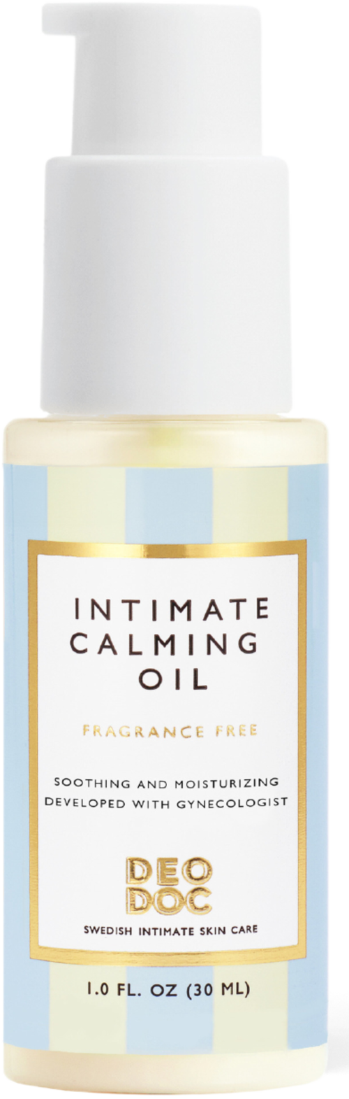 Kleine Flasche mit Pumpen, beschriftet 'Intimate Calming Oil' für beruhigende Hautpflege, parfümfrei, 30 ml.