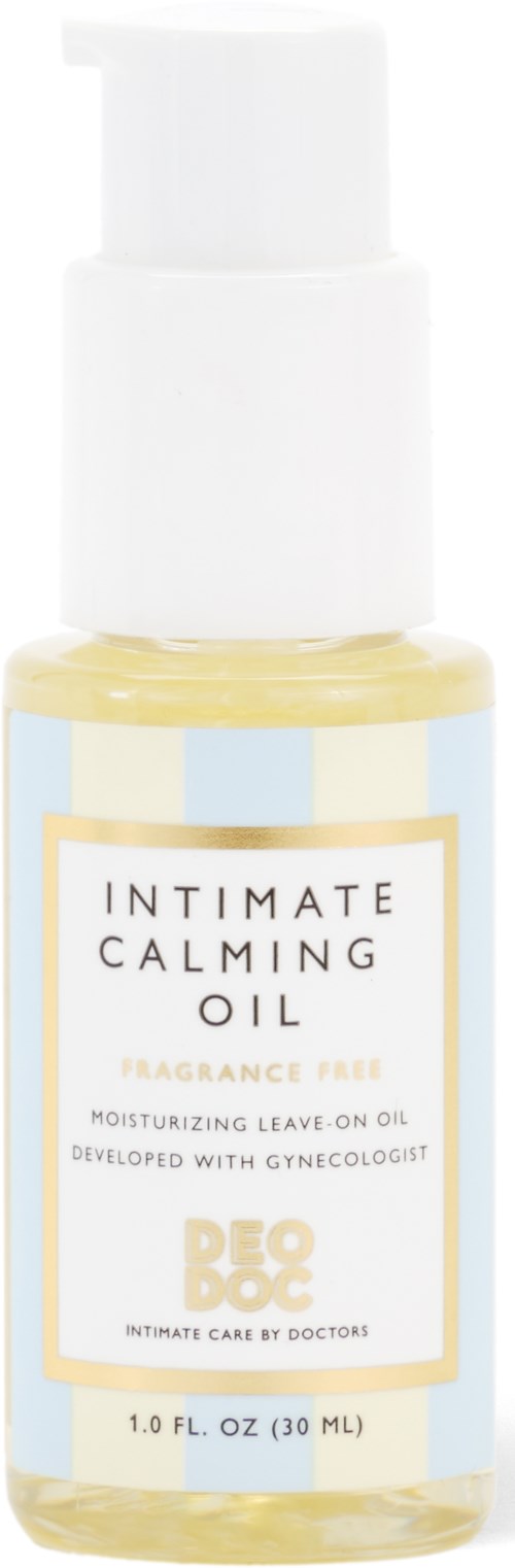 Kleine Flasche mit 'Intimate Calming Oil' mit Sprayaufsatz, enthält feuchtigkeitsspendendes Öl für empfindliche Haut.
