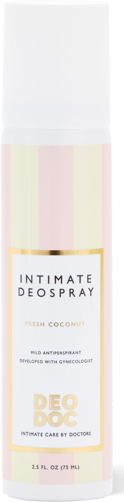 Eine Flasche Intim-Deospray mit frischem Kokosduft. Es ist mit 'DEO DOC' beschriftet und für milde Antitranspirantien.